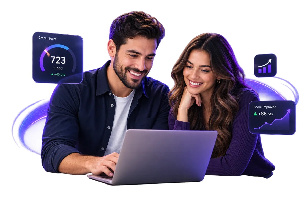 Illustration of two clients reviewing their improved credit position on a laptop