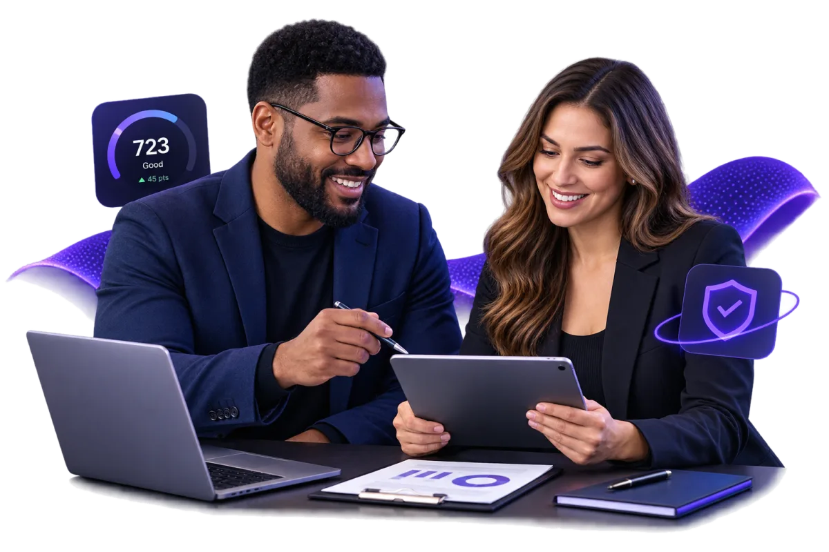Illustration of two Credit Top specialists reviewing a client's credit report together