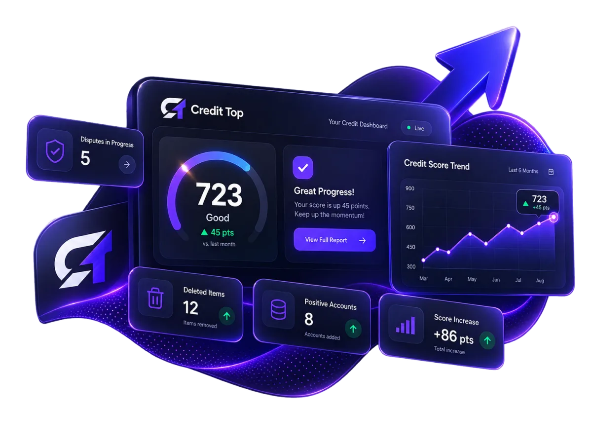 Illustration of a credit dashboard tracking disputes in progress, deleted items, and score trend over six months