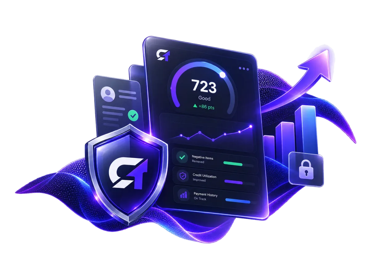 Illustration of a protected credit dashboard showing negative items removed, utilization improved, and payment history on track