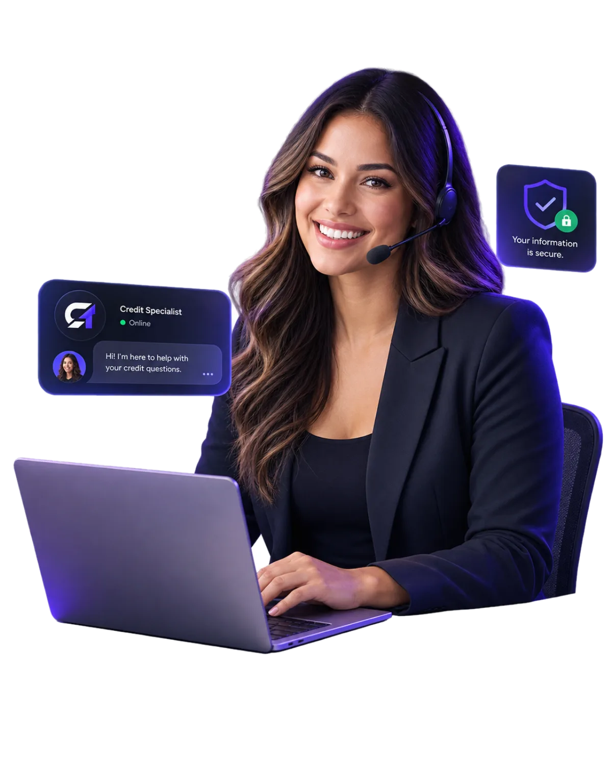 Illustration of a Credit Top credit specialist on a headset, with a secure-information badge